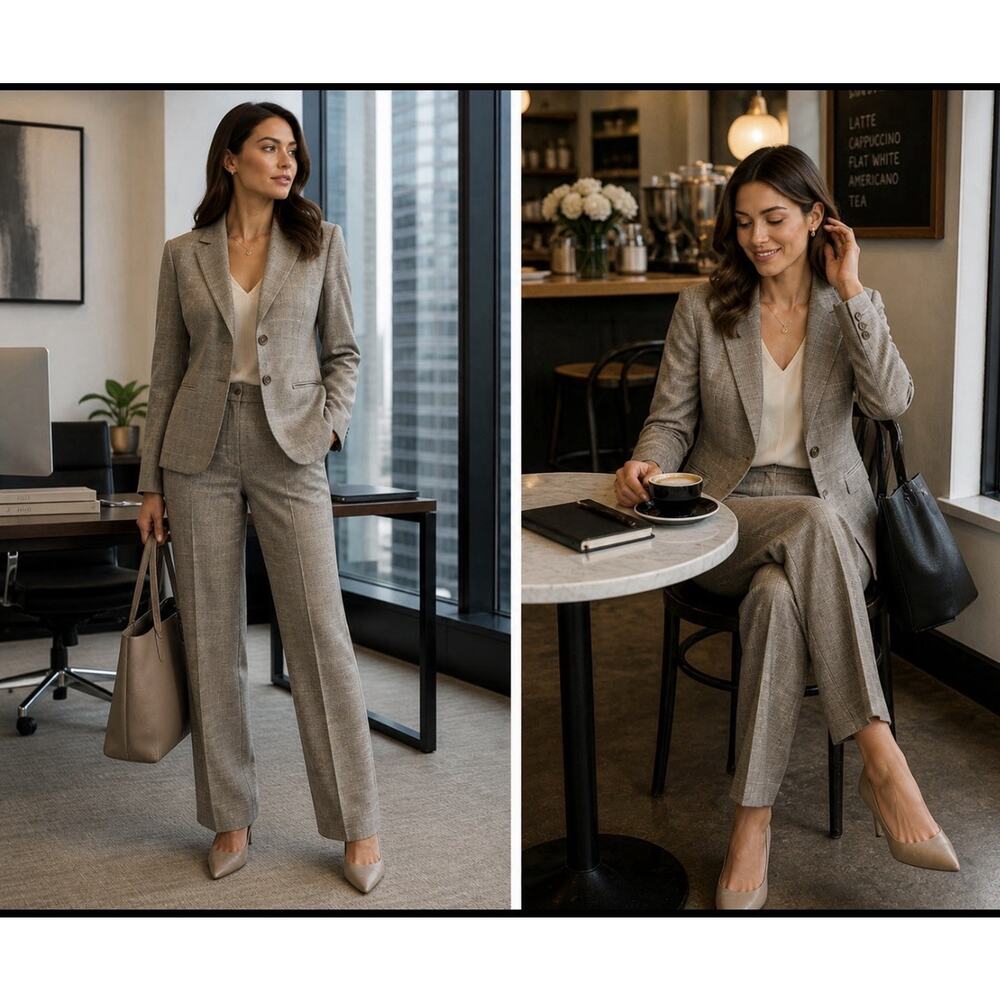 Jones Wear Women’s Size 12 2Pc Pants Suit Taupe Plaid Career Office Blazer Set